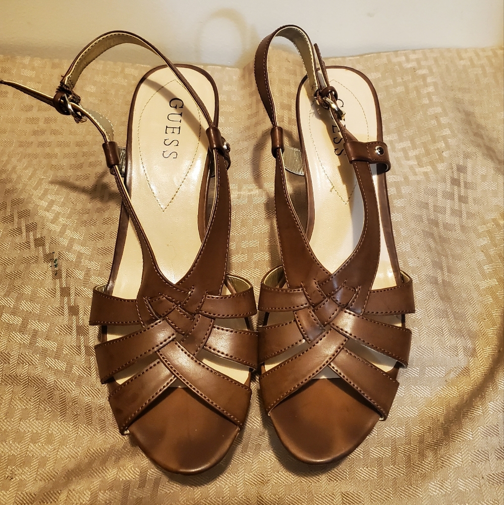 Guess brown cork wedge strappy sandals SZ 7.5M open toe